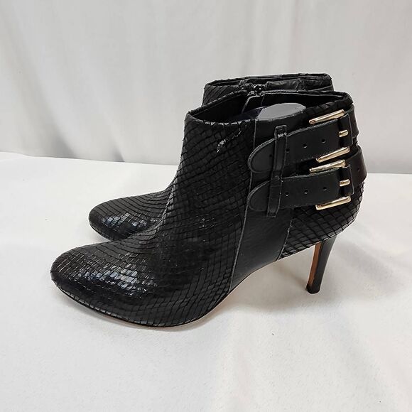 Ann Taylor Black Leather Ankle Boots 8.5M Snakeskin Embossed Buckle Heels - Picture 3 of 8